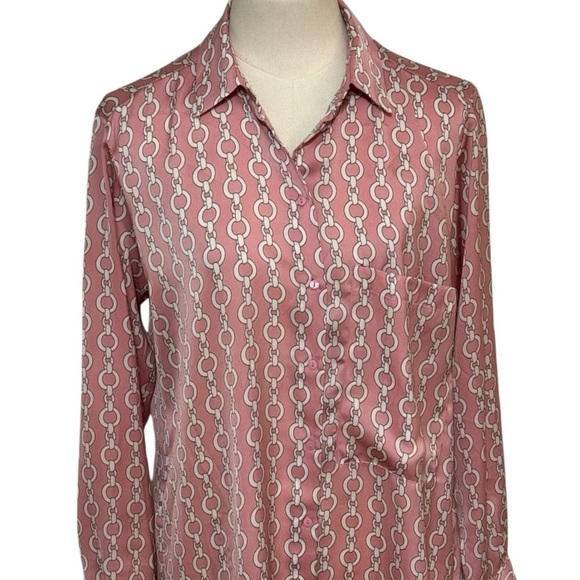 ZARA Pink White Chain Link‎ Silky Button Down Top Shirt Blouse Size S Work Party - Picture 4 of 6